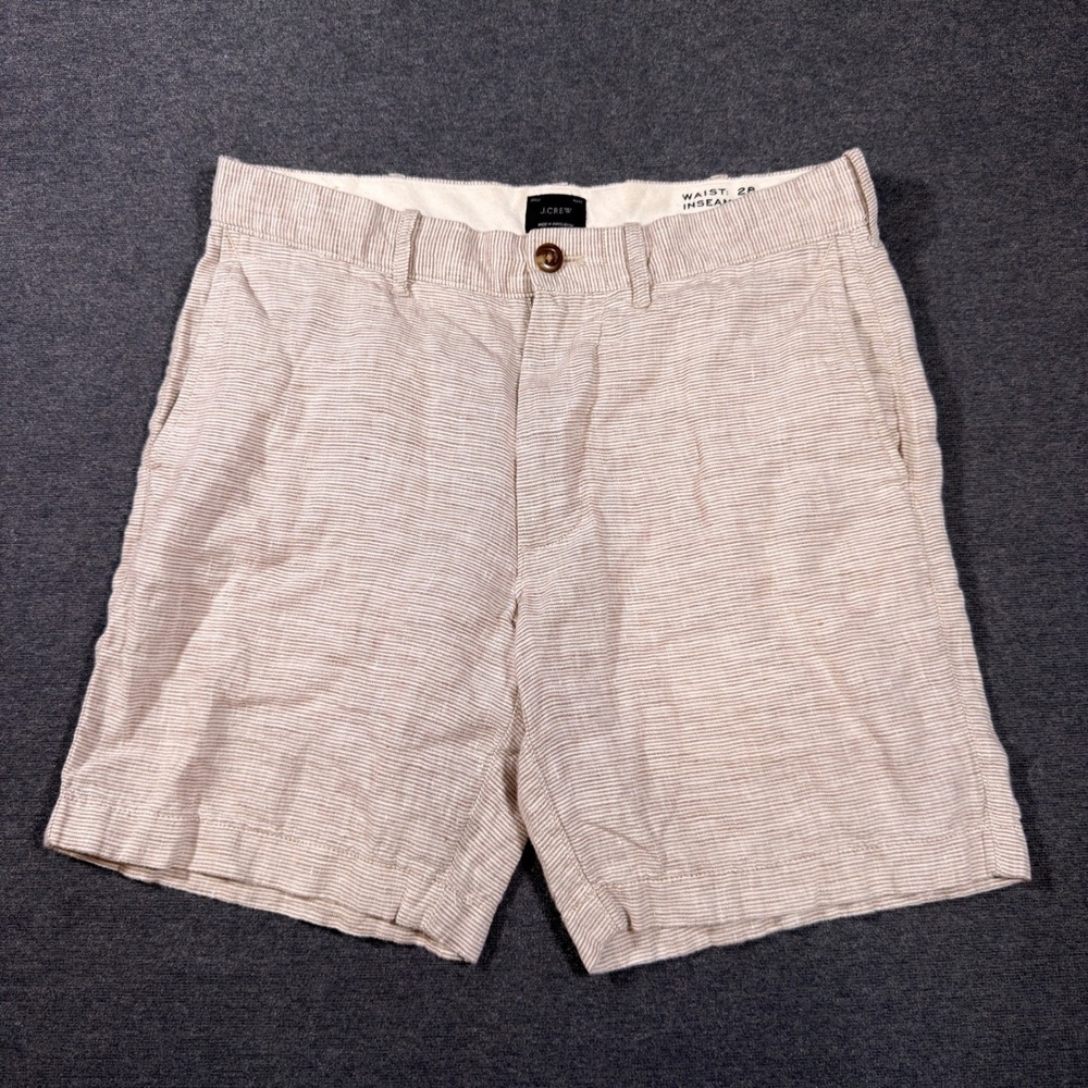 J.Crew Shorts Mens 28 Beige Striped 100% Linen Lightweight Summer 7" Inseam